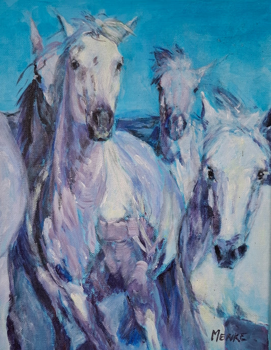 Camargue paarden op het strand: origineel schilderij in acryl, 24x30x2 cm