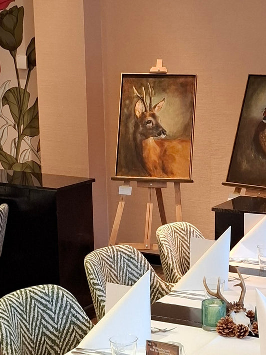 Ree in het woud: origineel olieverfschilderij inclusief lijst, 50x70 cm