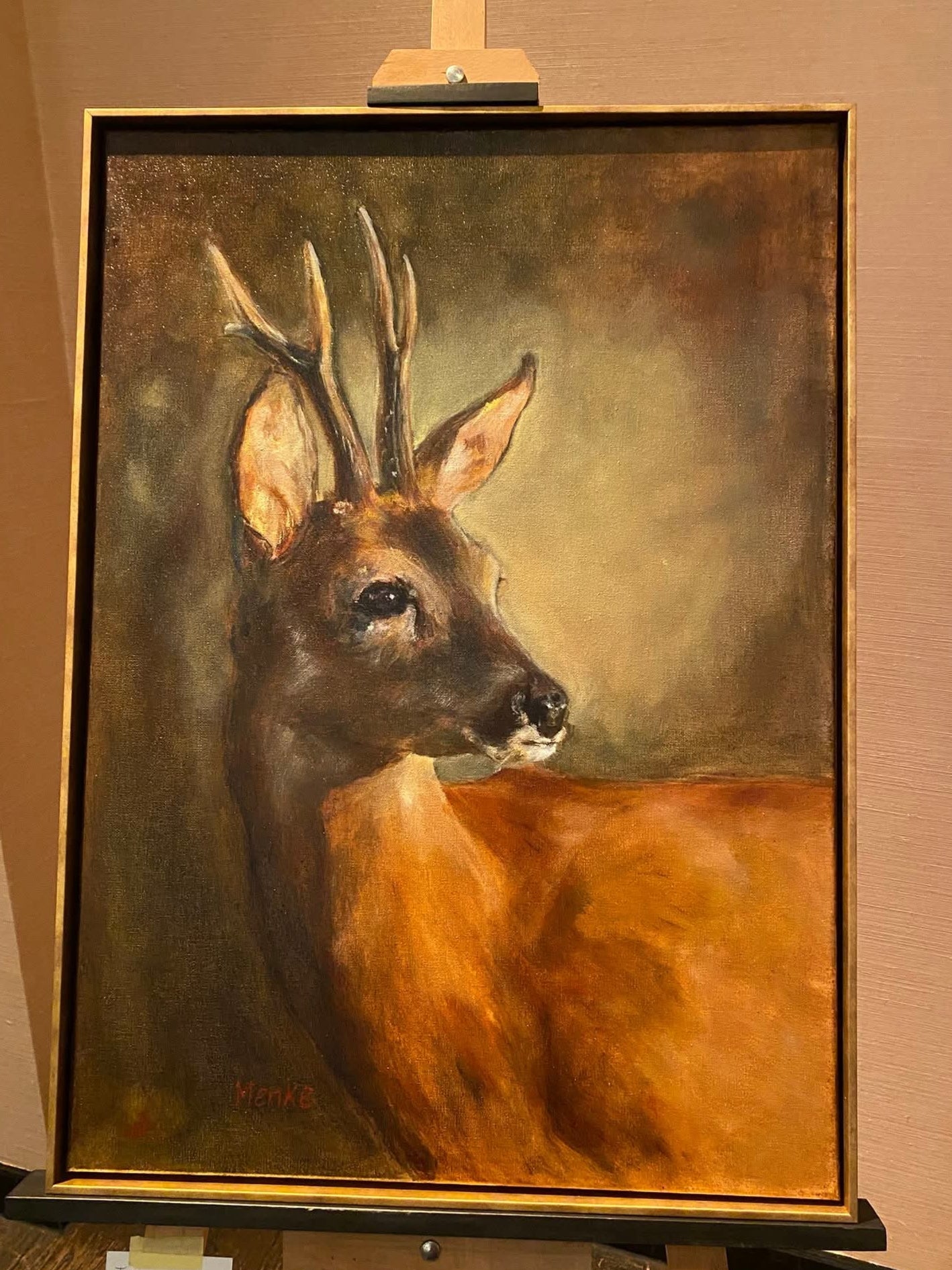 Ree in het woud: origineel olieverfschilderij inclusief lijst, 50x70 cm