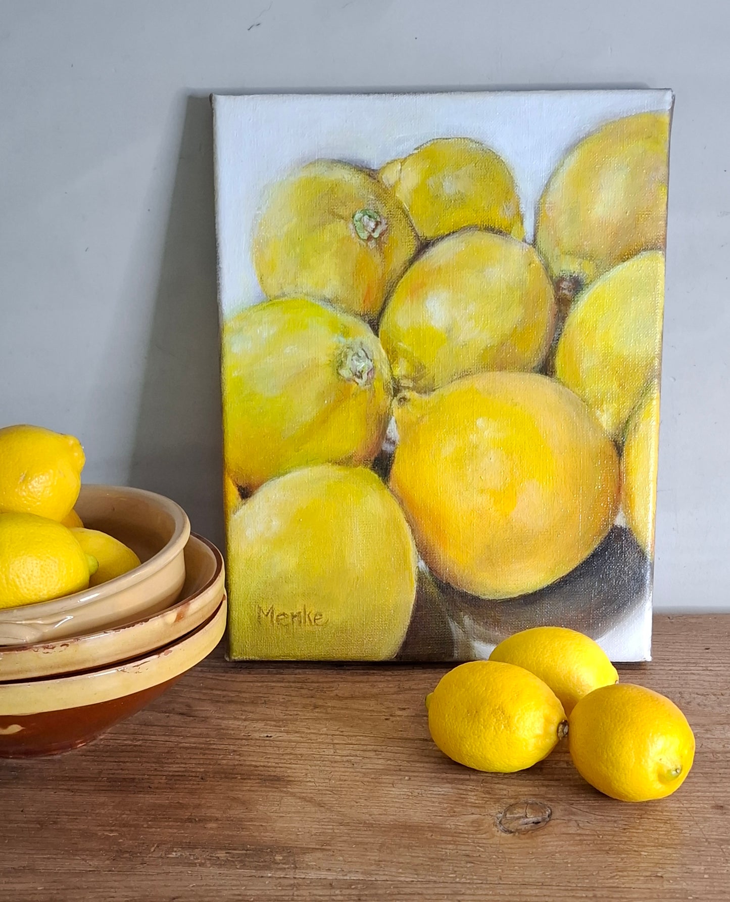 Stilleven met citroenen: origineel olieverfschilderij, 24x30x2 cm