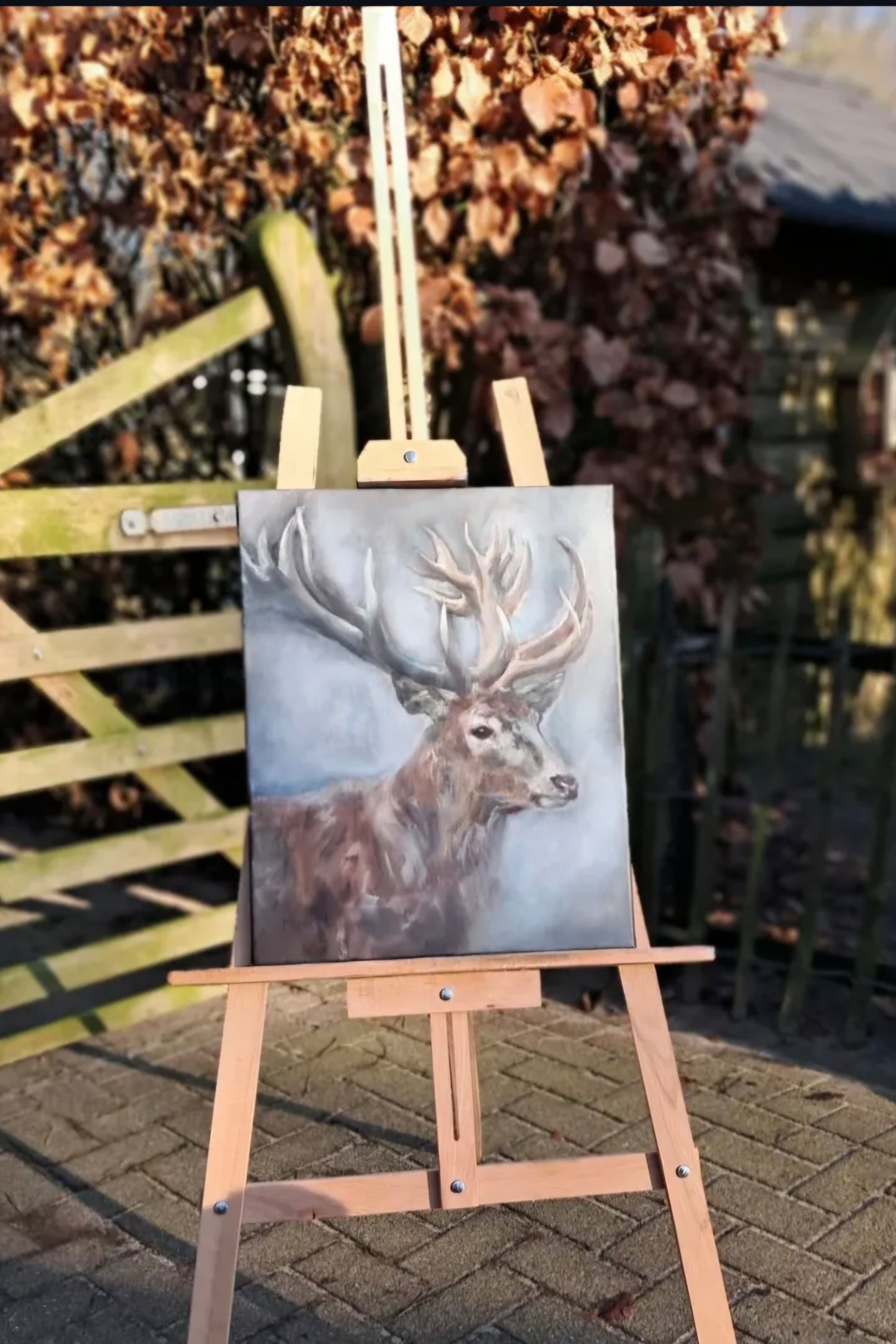Hert in mistig bos: origineel olieverfschilderij, 40x50 cm