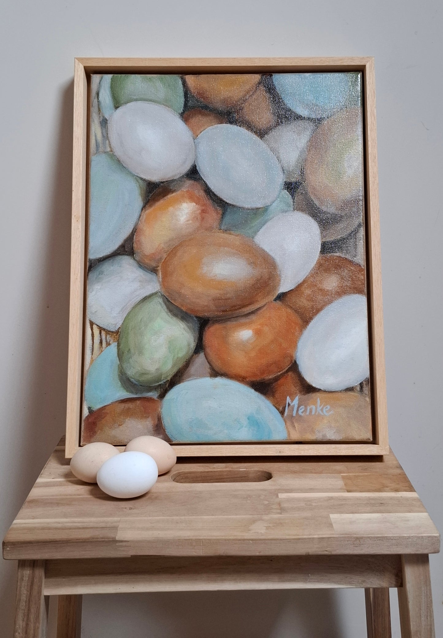 Eieren in kleur: Origineel olieverfschilderij inclusief lijst, 30x40x1.5 cm