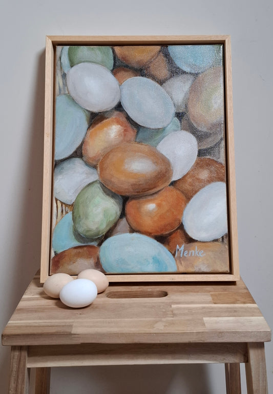 Eieren in kleur: Origineel olieverfschilderij inclusief lijst, 30x40x1.5 cm