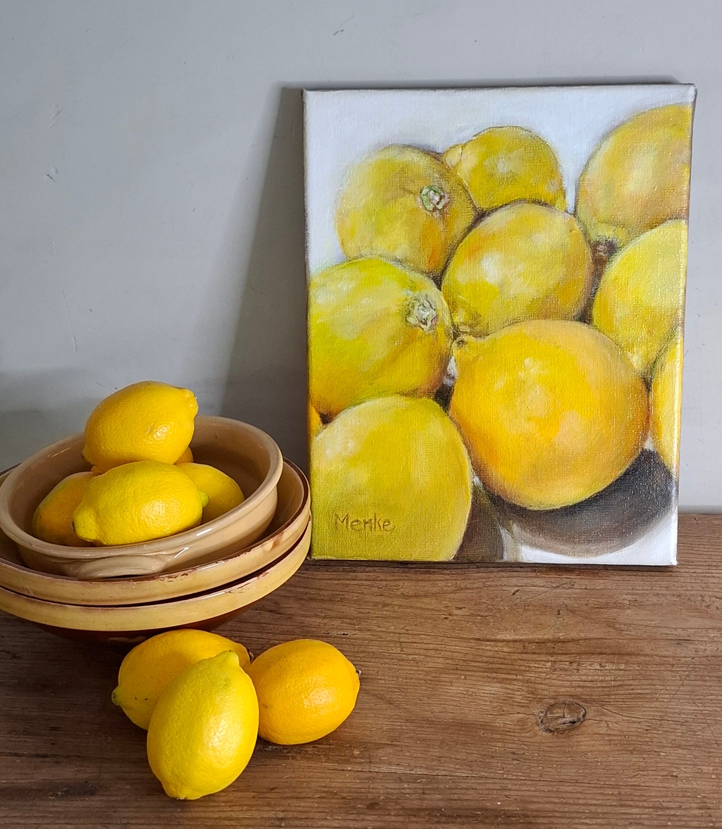 Stilleven met citroenen: origineel olieverfschilderij, 24x30x2 cm
