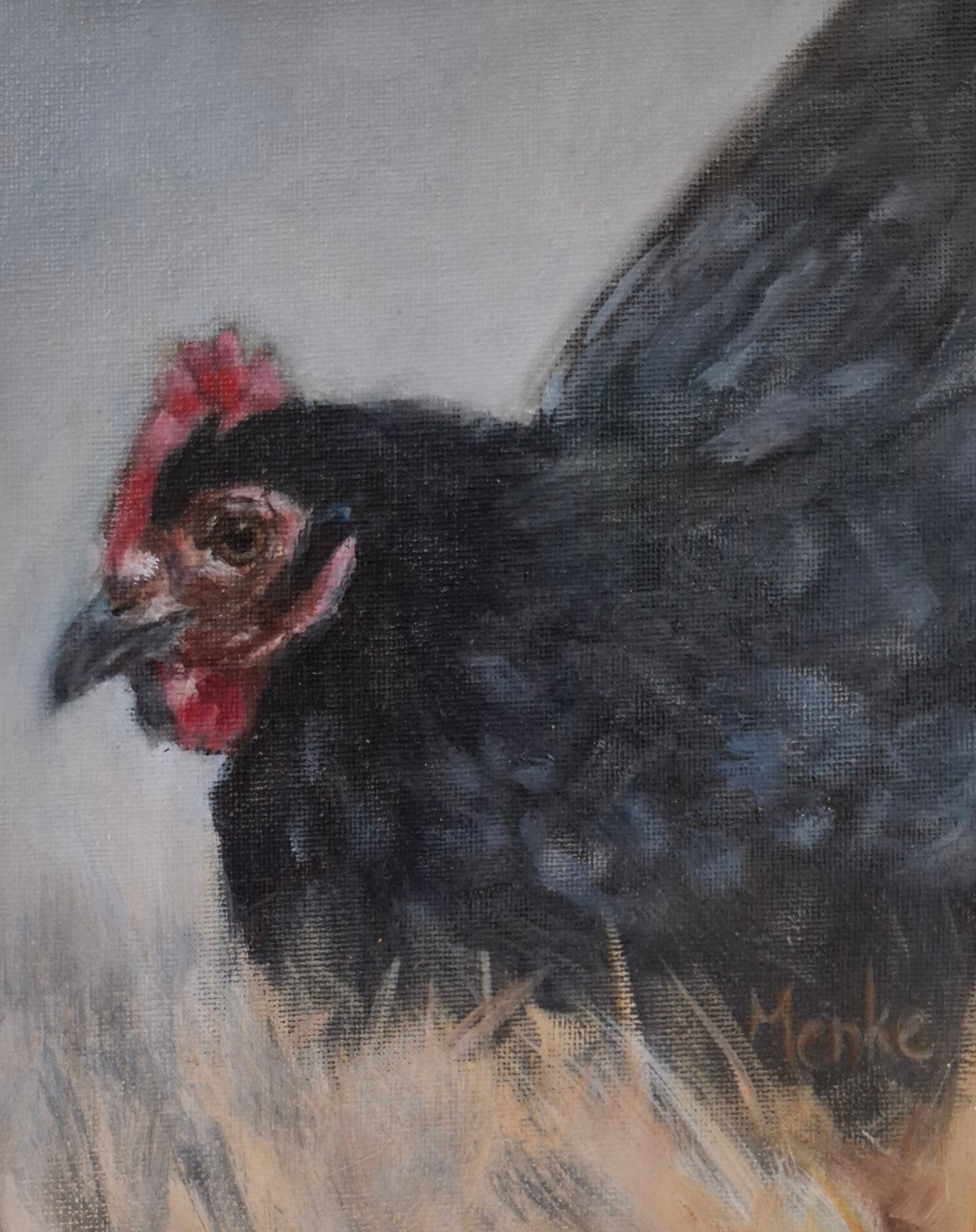 Kipje in het hooi: origineel olieverfschilderij, 18x24x1.5 cm