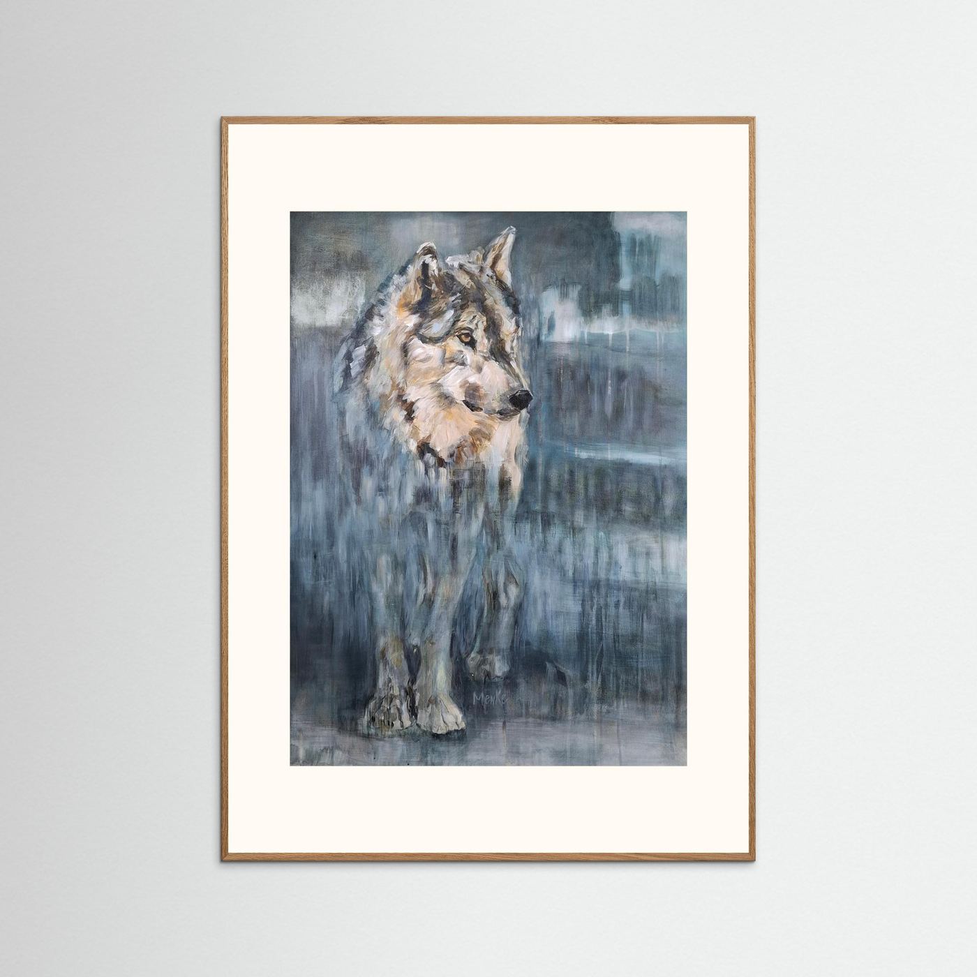 Fine art print wolf met passepartout in naturel eiken lijst – Eveline Menke Art
