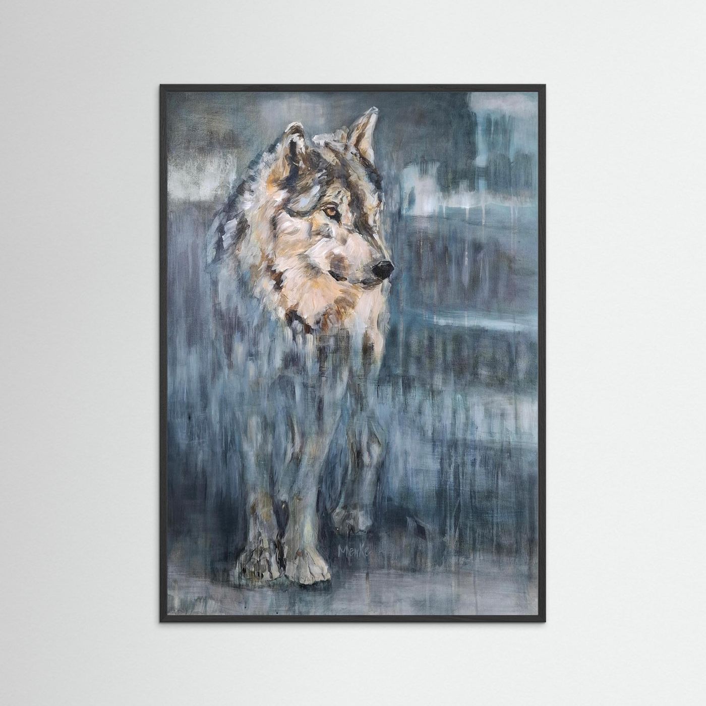 Contemplatie – fine art print van wolf in zwarte houten lijst, collectie Presence