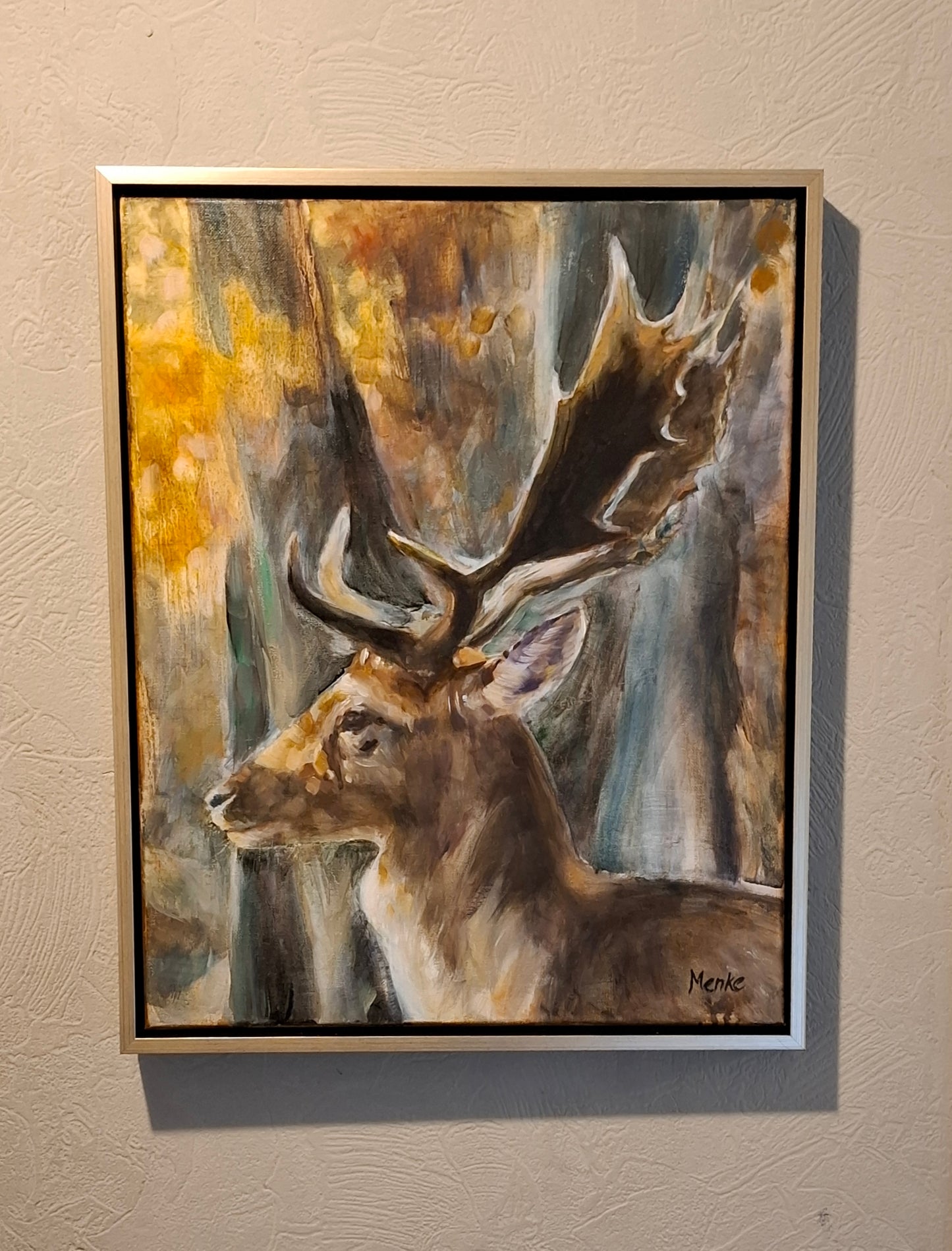 Damhert in een herfstbos, origineel olieverfschilderij met lijst, 40x50 cm