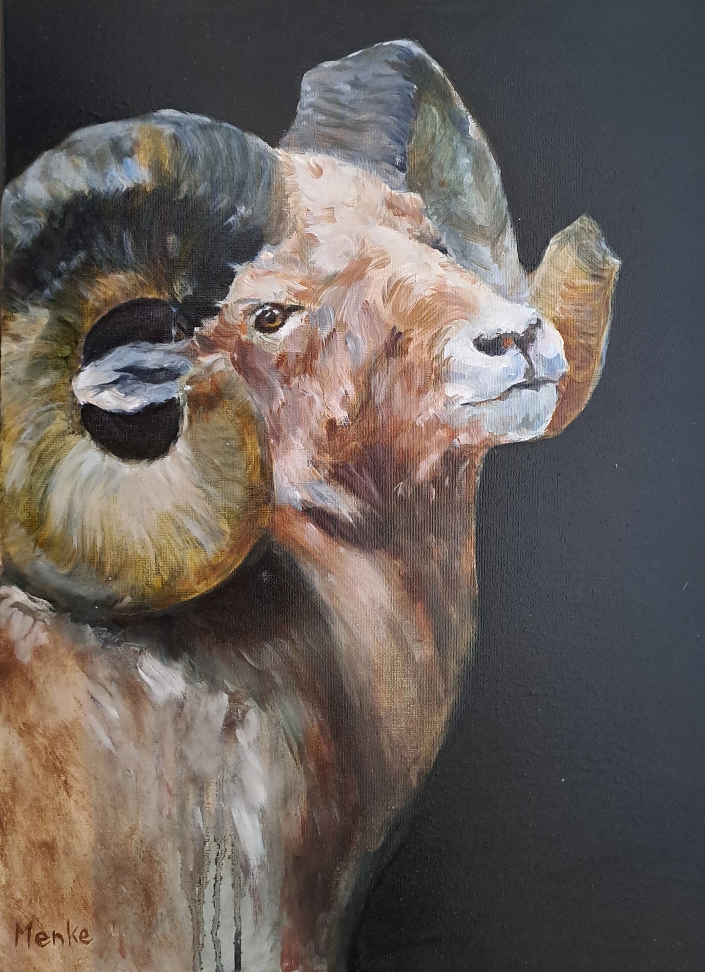 Dikhoornschaap: origineel olieverfschilderij inclusief lijst, 40x50 cm