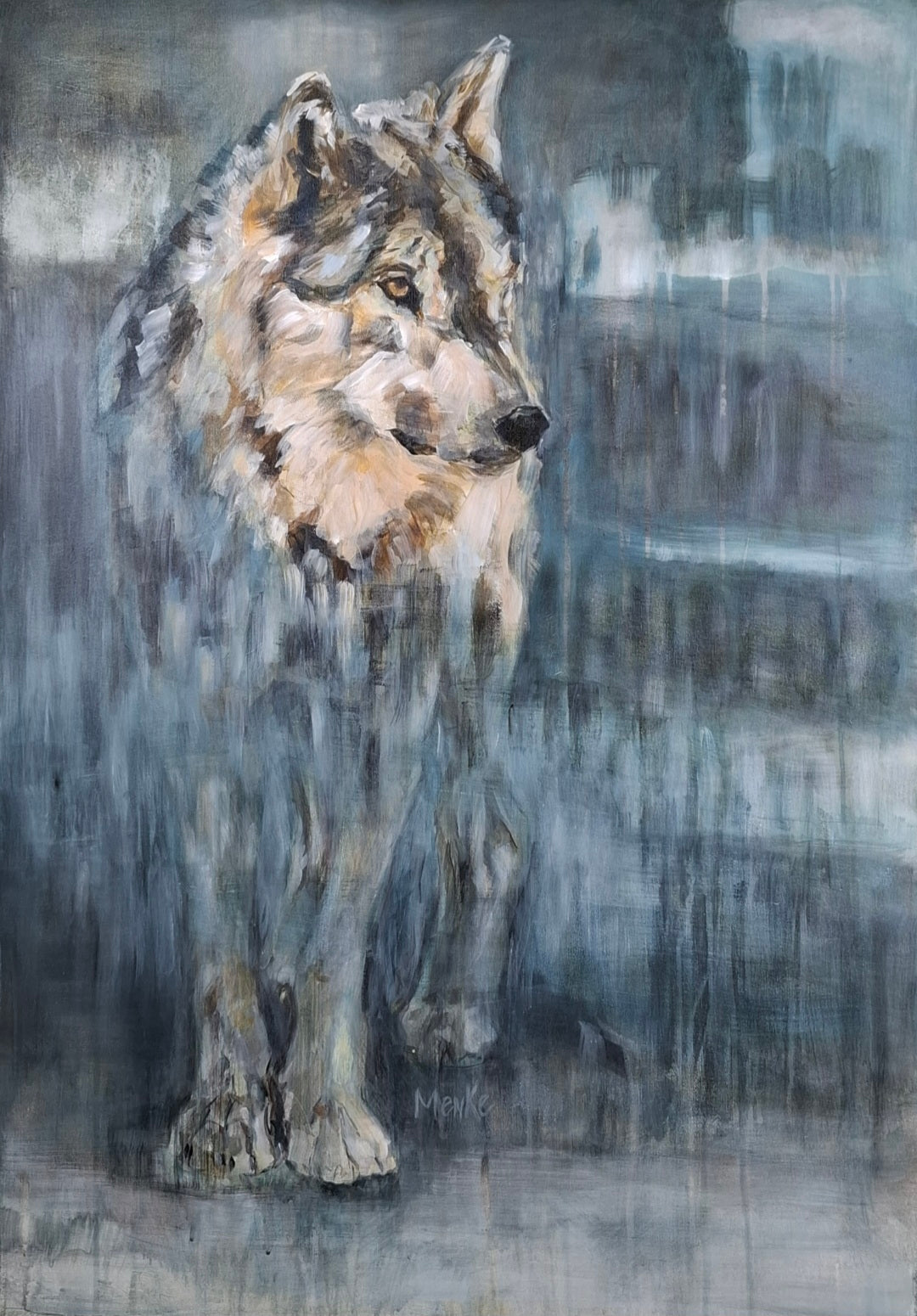 Presence I – Beschouwing | Origineel schilderij wolf in acryl, 70x100 cm – Eveline Menke Art