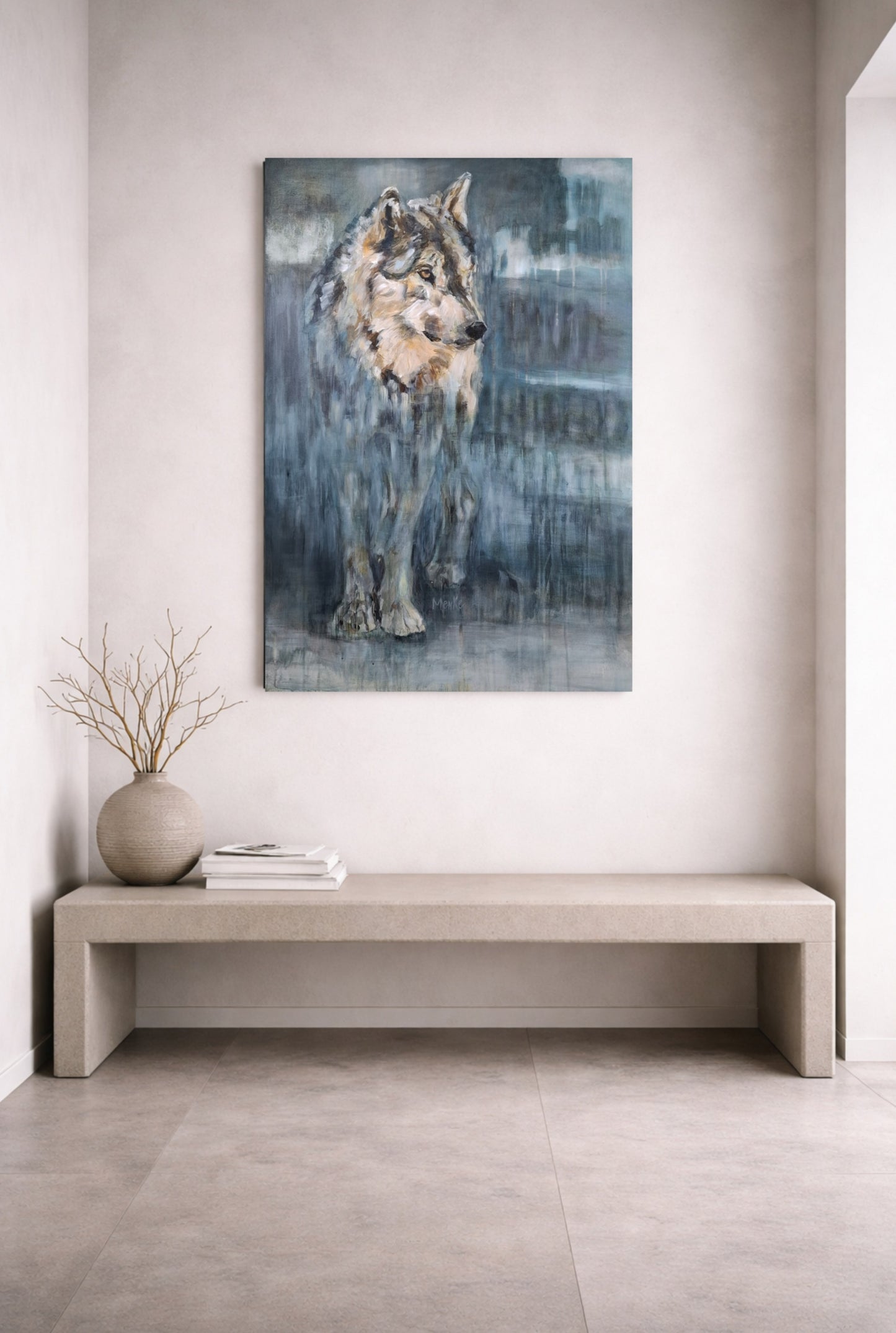 Presence I – Beschouwing | Acrylschilderij wolf op linnen, 70x100 cm – Eveline Menke Art