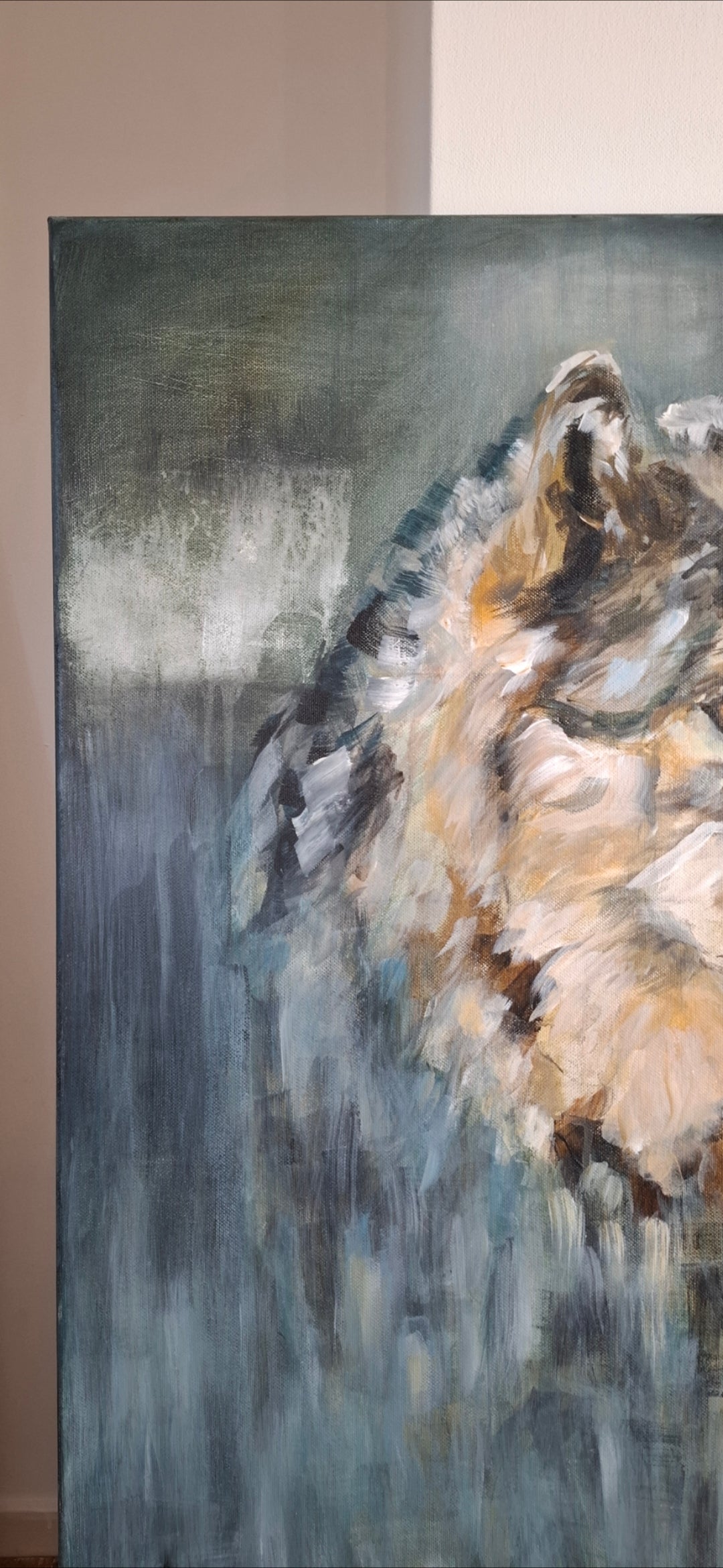Presence I – Beschouwing | Wolf in acryl op linnen, 70x100 cm – Eveline Menke Art