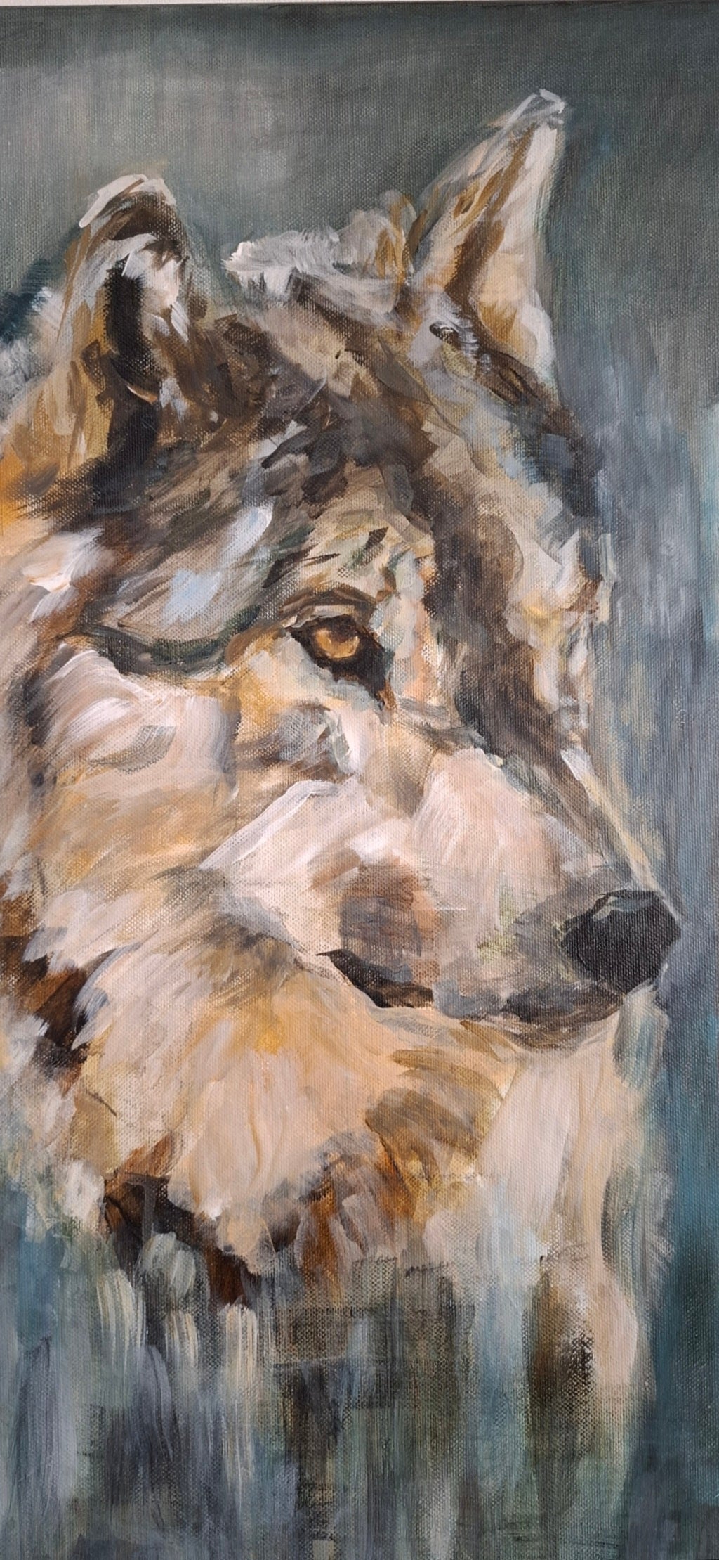 Presence I – Beschouwing | Wolf op canvas in acryl, 70x100 cm – Eveline Menke Art