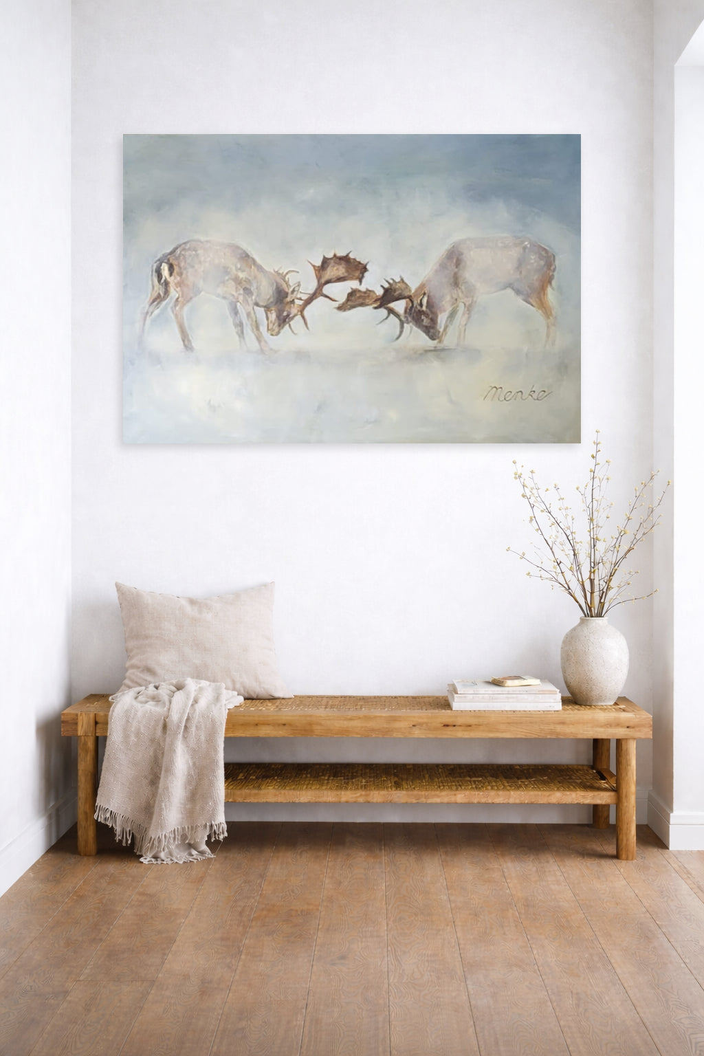 Olieverfschilderij Presence III - Getuige met twee damherten in de mist