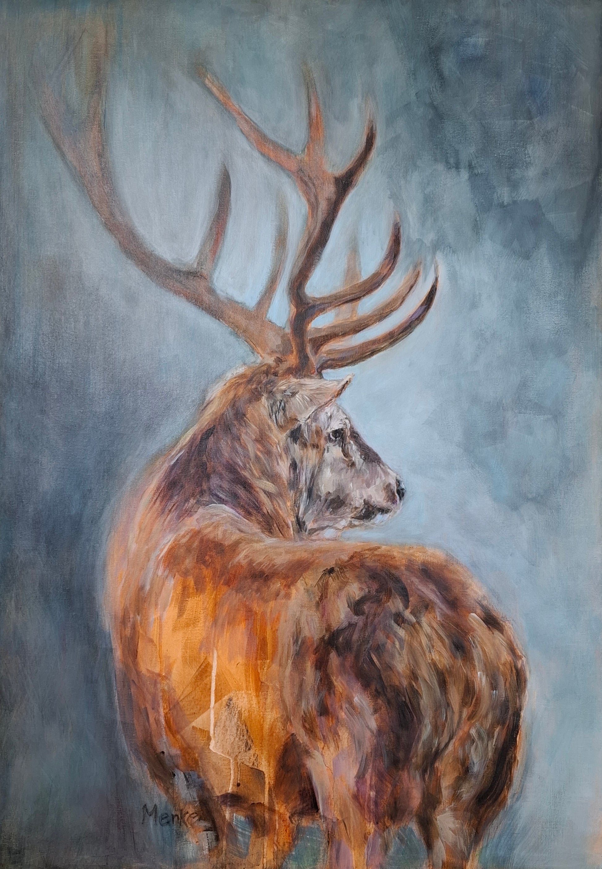 Presence II – Stilte | Acrylschilderij edelhert op linnen, 70x100 cm – Eveline Menke Art