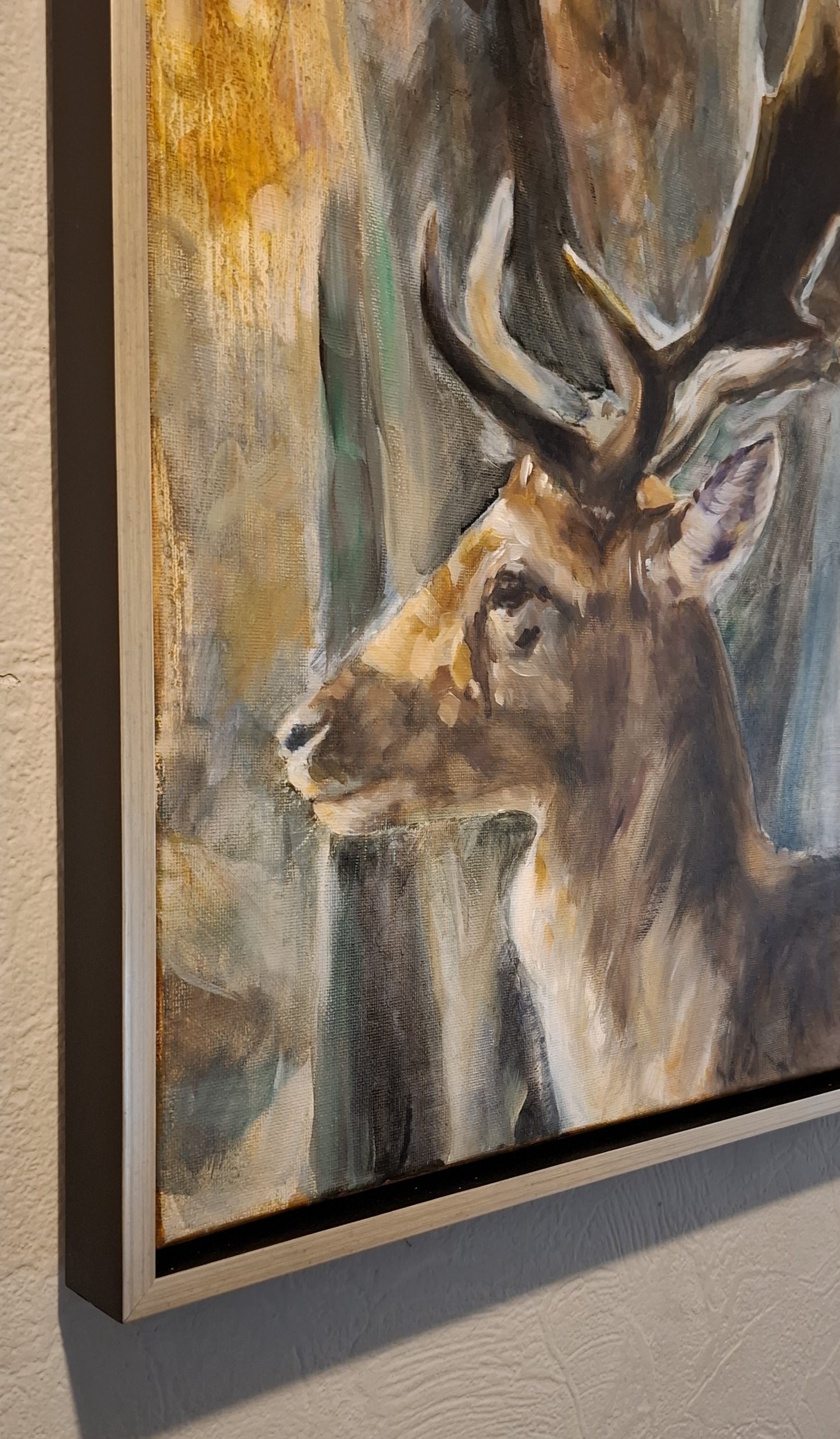 Damhert in een herfstbos, origineel olieverfschilderij met lijst, 40x50 cm