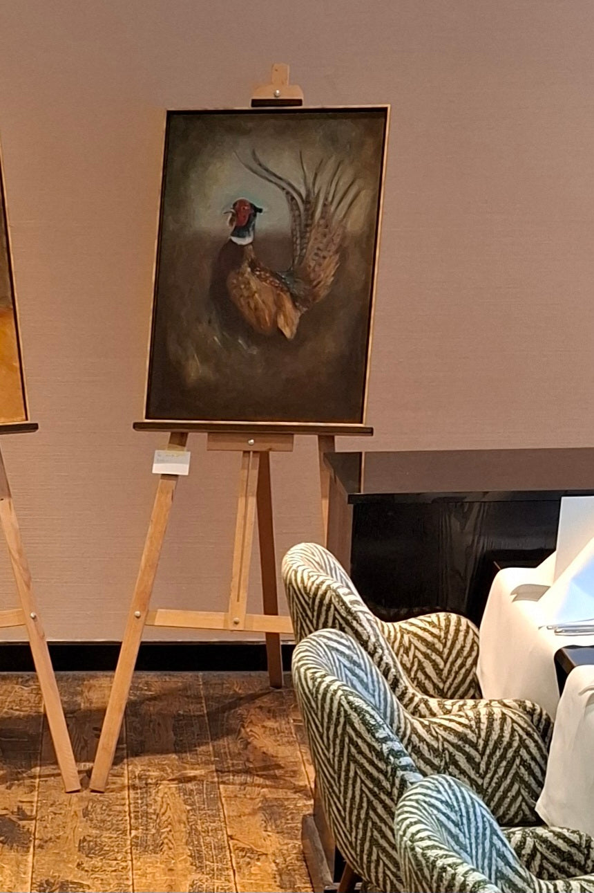 Fazant op de hei: origineel olieverfschilderij inclusief lijst, 50x70 cm