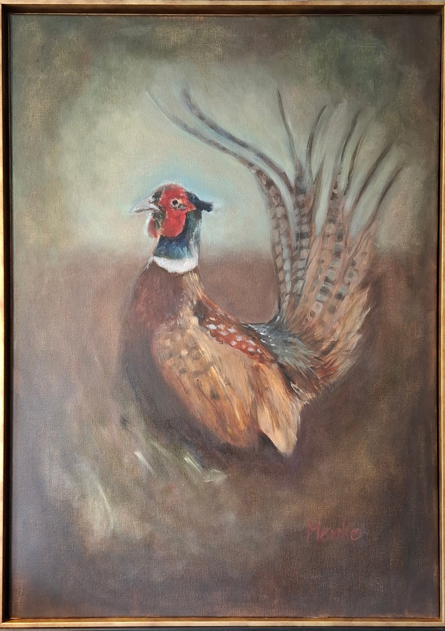 Fazant op de hei: origineel olieverfschilderij inclusief lijst, 50x70 cm