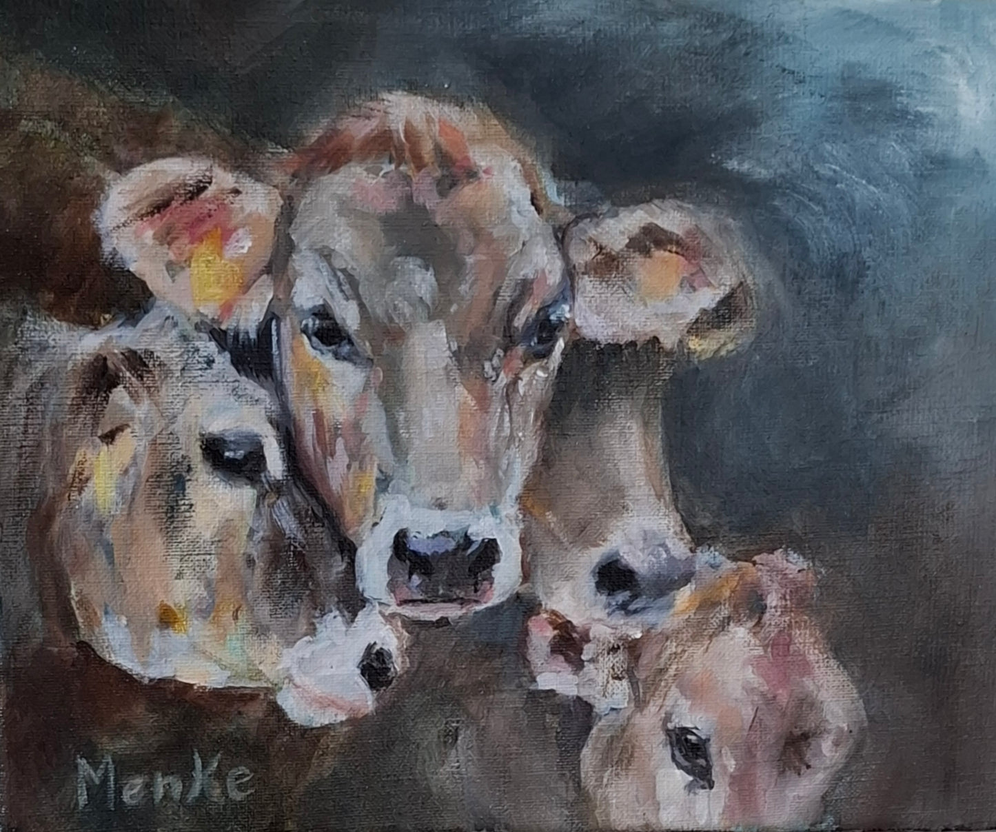 Koetjes in de nacht: origineel mixed media schilderij, 24x30x2 cm