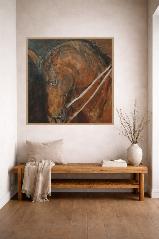 Canvasprint Laat me los – Spaans paard in acryl met witte teugels, in houten baklijst, hangend in landelijk interieur