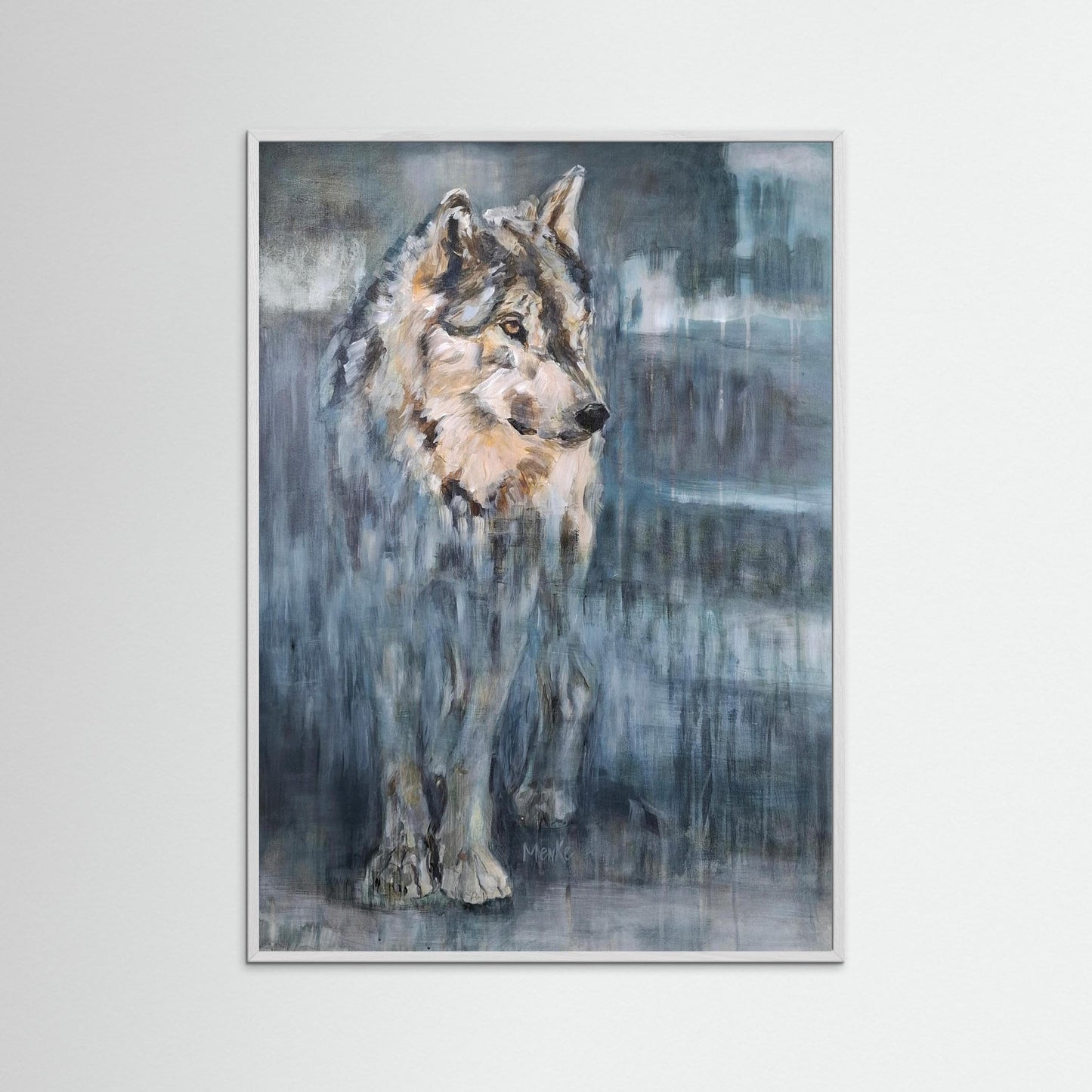 Contemplatie – fine art print van wolf in witte houten lijst | Eveline Menke Art
