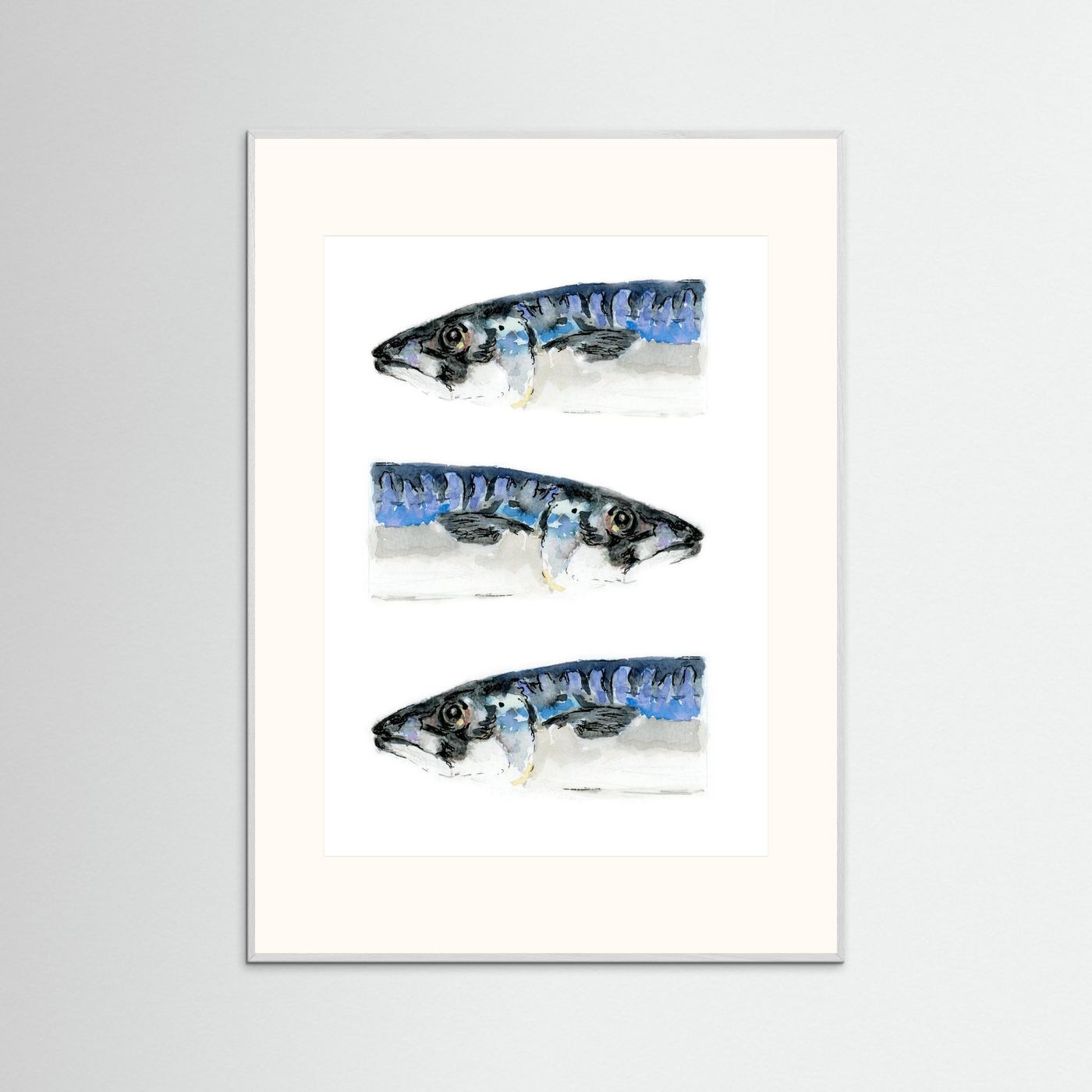 Fine art print of three mackerel, originally painted in watercolor - white frame and off-white passe-partout included