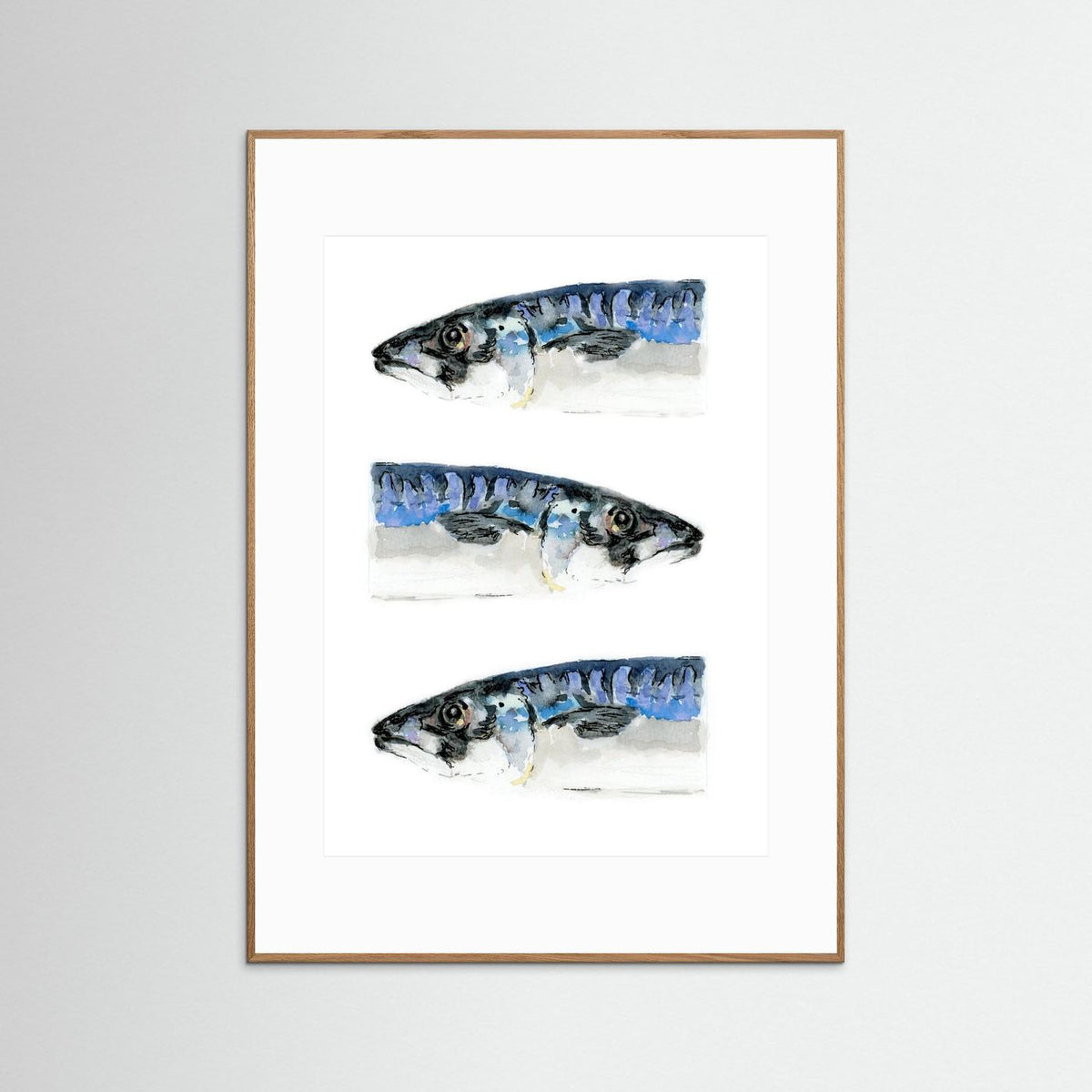 Makrelen art print - reproductie van origineel aquarel, ingelijst in lijst van licht eiken met wit passe-partout