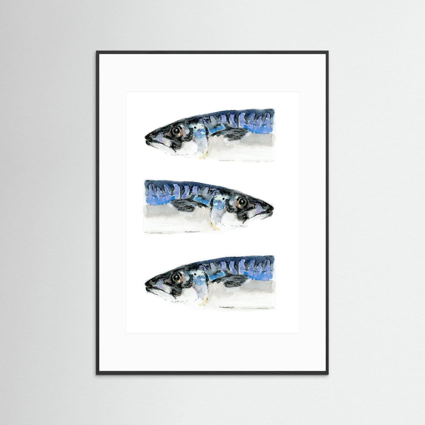 Ingelijste kunstprint van aquarel met drie makrelen - zwarte lijst met passe-partout