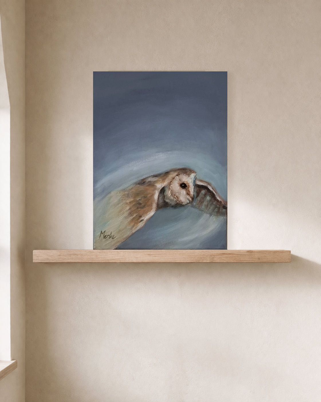 Olieverfschilderij van een kerkuil in de schemering, 24x30cm, Eveline Menke Art