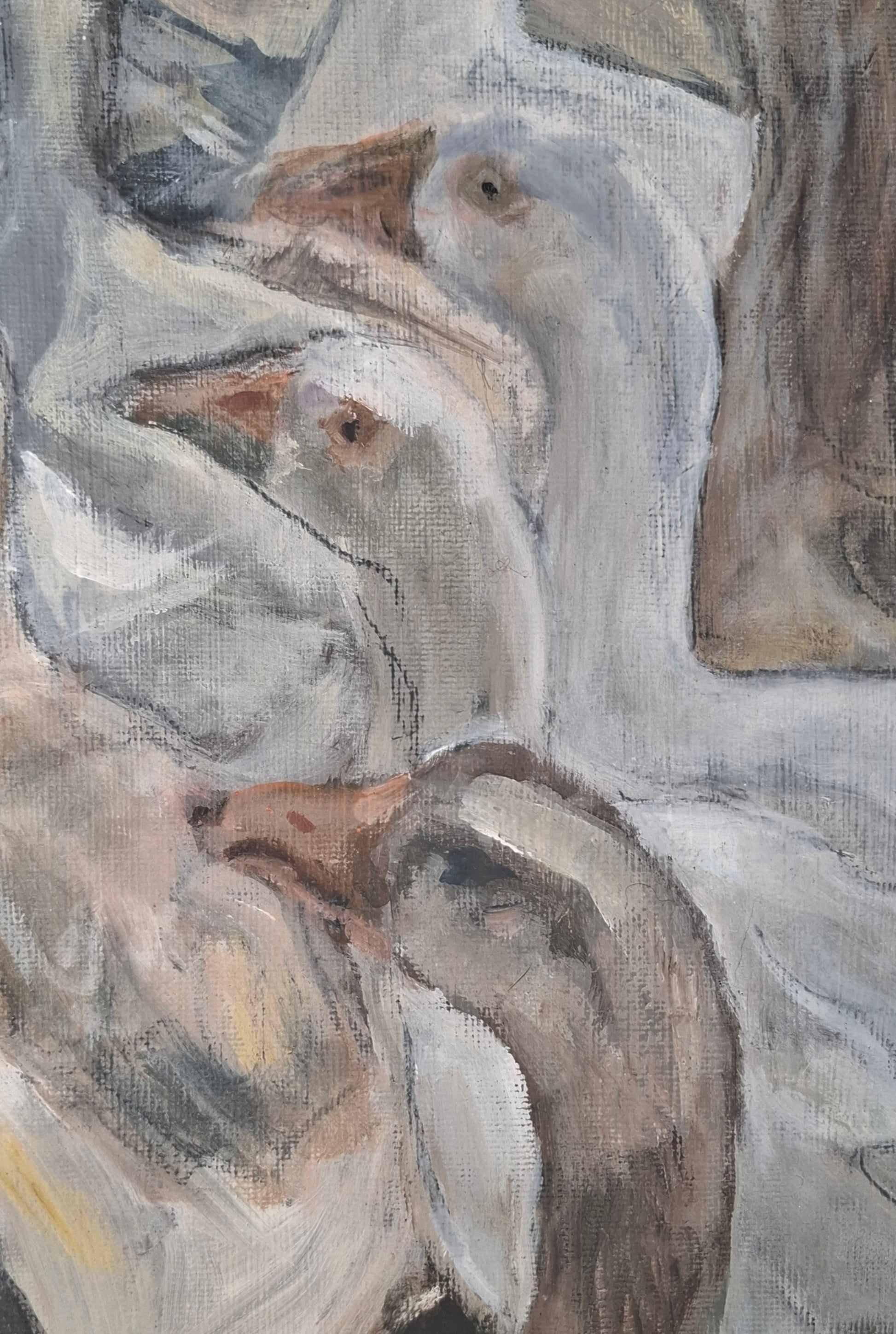 Detailfoto olieverfschilderij — hoofden van twee witte ganzen en één grauwe gans, olieverf op doek — Eveline Menke Art