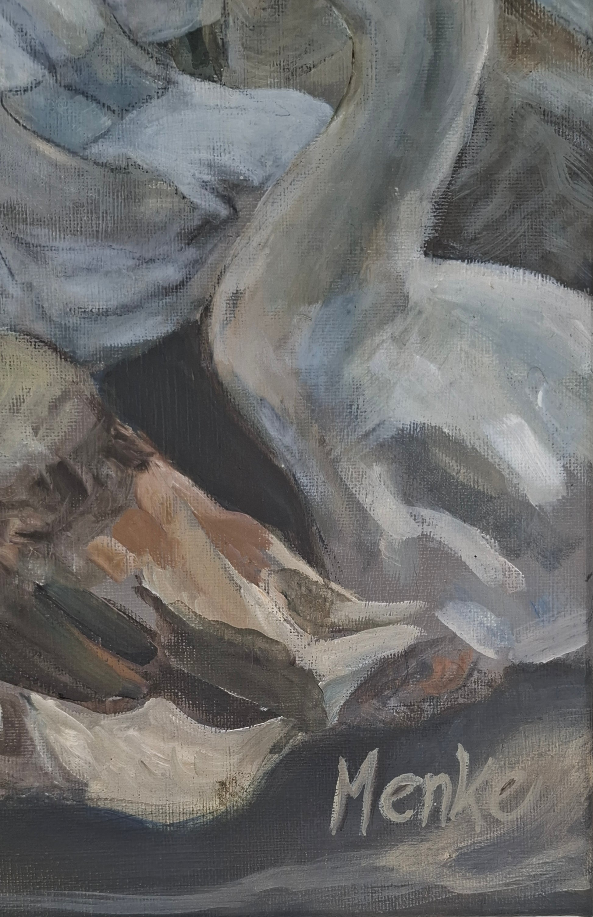 Detailfoto olieverfschilderij — romp en staart van een grauwe gans en hals, rug en zijkant van een witte gans, olieverf op doek — Eveline Menke Art
