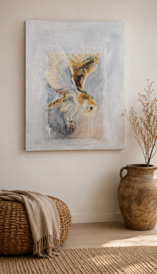 Emergence: origineel mixed media schilderij van een kerkuil (60x80 cm)