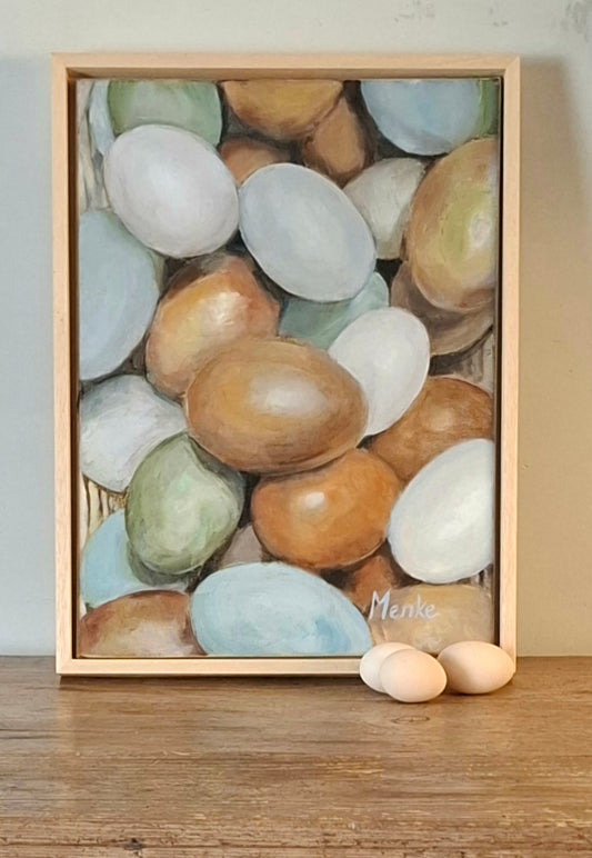 Eieren in kleur: Origineel olieverfschilderij inclusief lijst, 30x40x1.5 cm