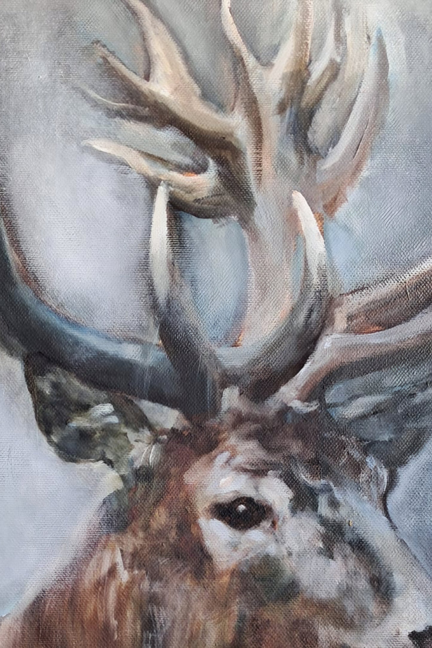Hert in mistig bos: origineel olieverfschilderij, 40x50 cm