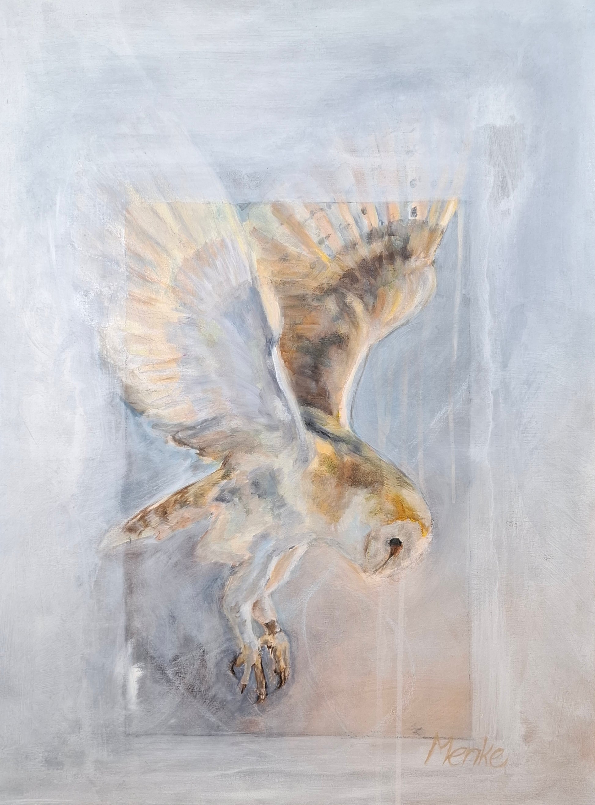Origineel schilderij van een kerkuil in vlucht – mixed media op doek, 60 × 80 cm – Eveline Menke Art
