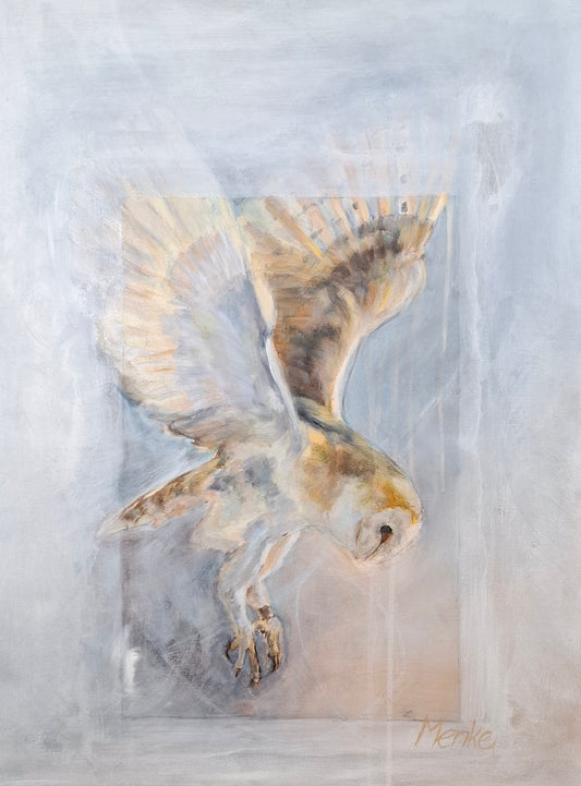 Origineel schilderij van een kerkuil in vlucht – mixed media op doek, 60 × 80 cm – Eveline Menke Art