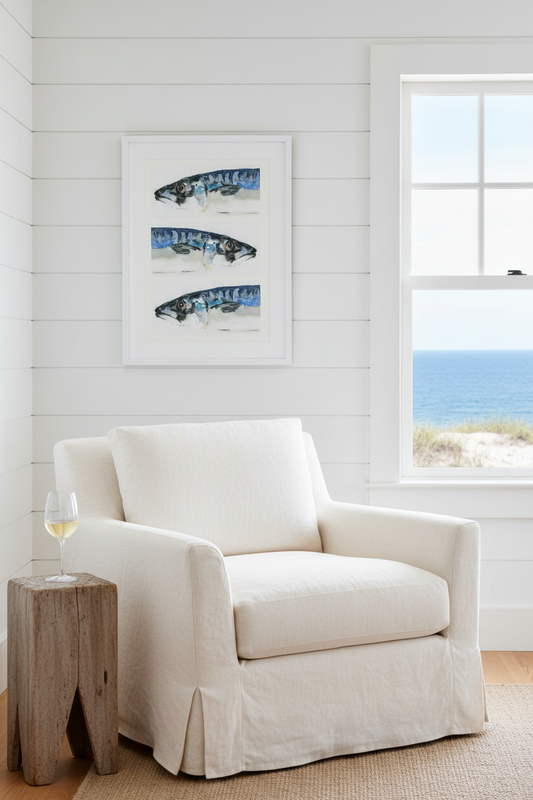 Fine art print van aquarel met drie makrelen, ingelijst in een witte lijst met passe-partout, in een licht interieur aan zee
