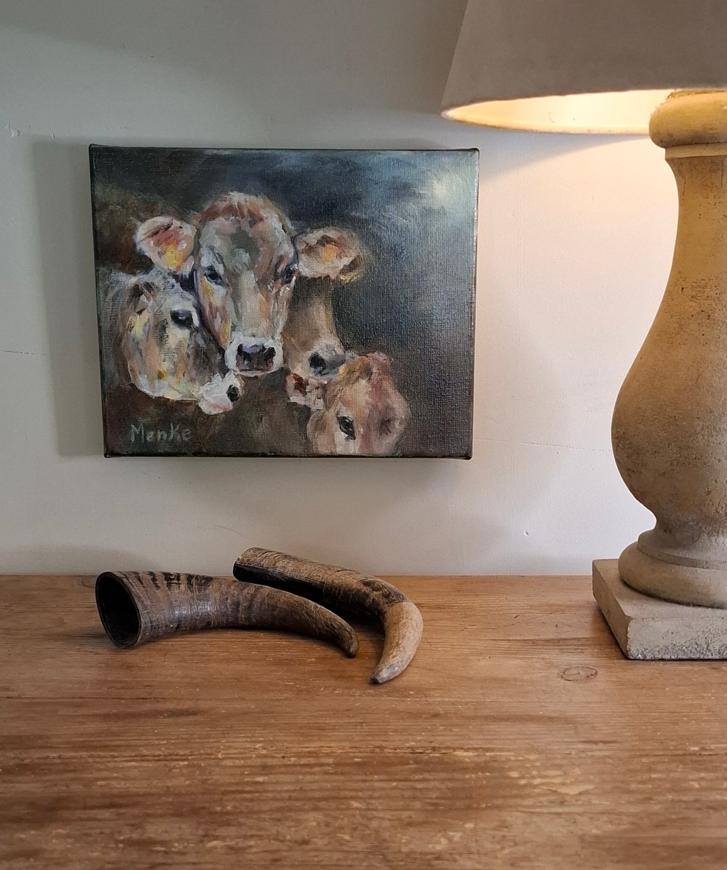 Koetjes in de nacht: origineel mixed media schilderij, 24x30x2 cm