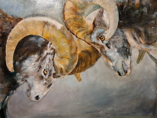 Dikhoornschapen in de aanval: origineel olieverfschilderij, 90x70 cm