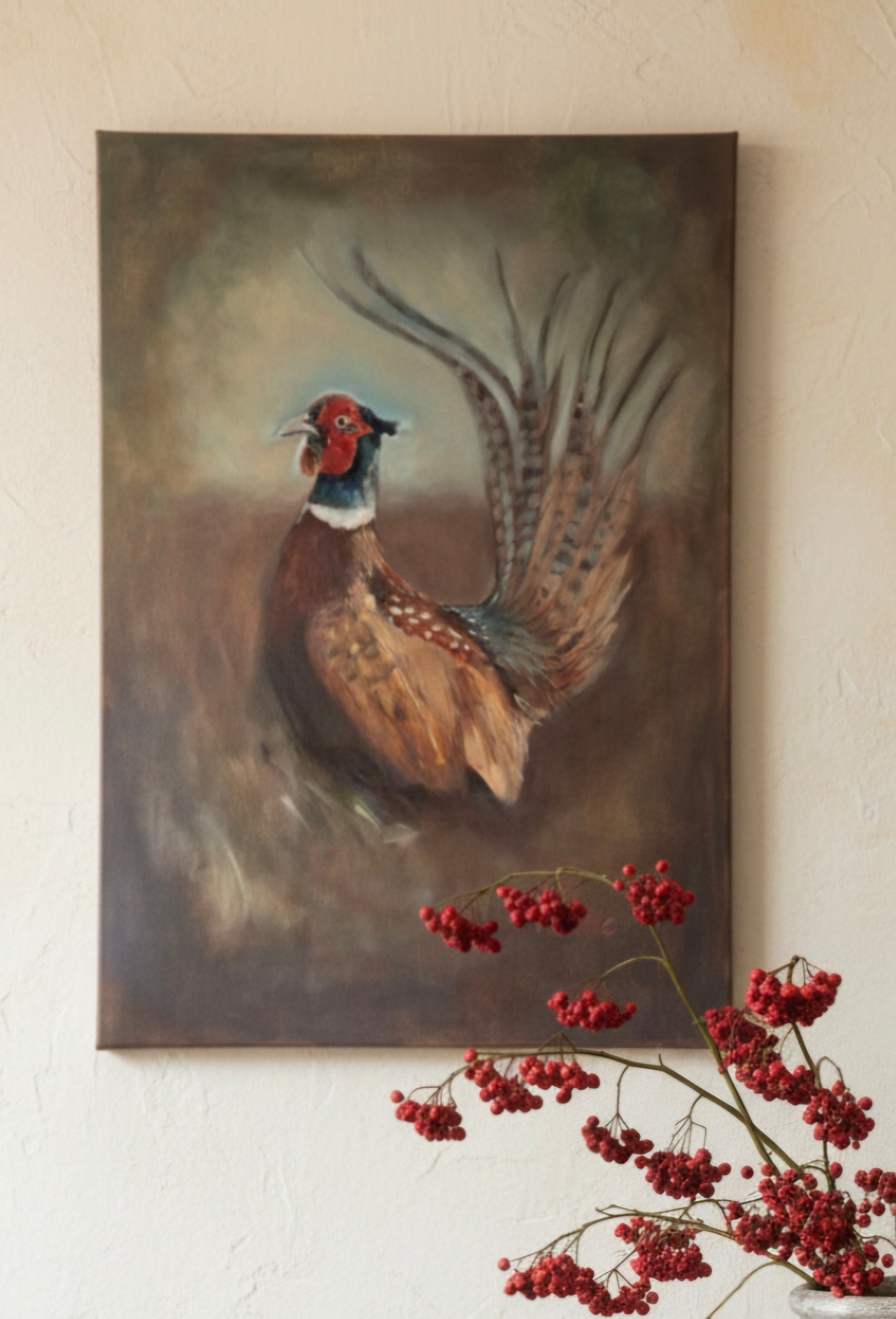 Fazant op de hei: origineel olieverfschilderij inclusief lijst, 50x70 cm