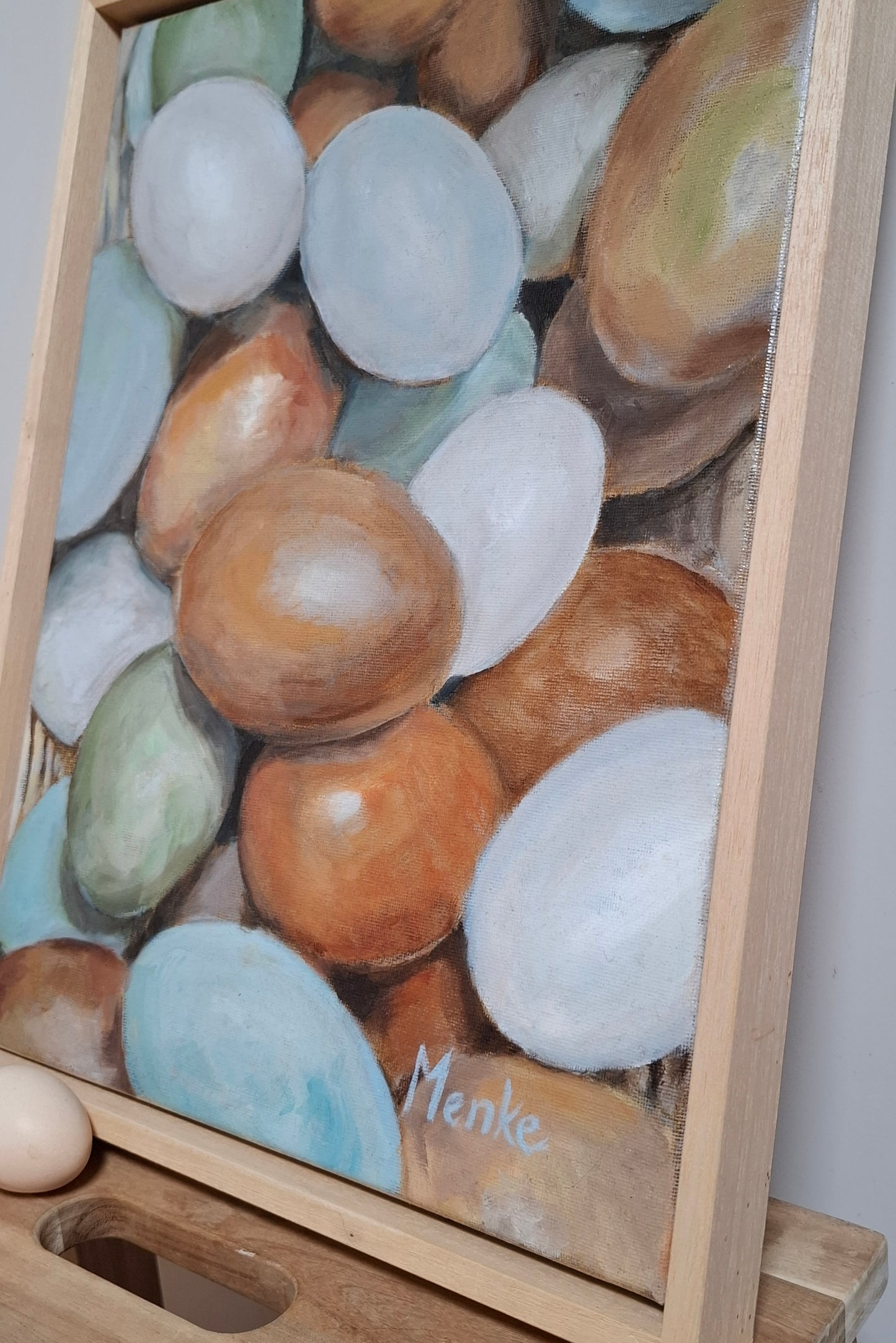 Eieren in kleur: Origineel olieverfschilderij inclusief lijst, 30x40x1.5 cm