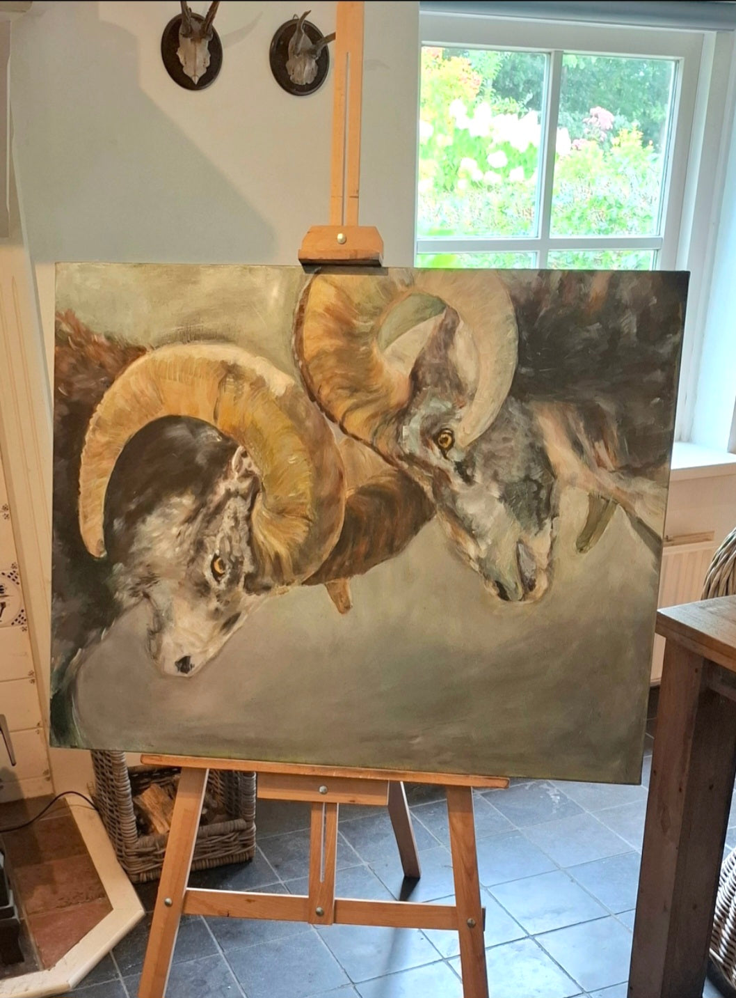 Dikhoornschapen in de aanval: origineel olieverfschilderij, 90x70 cm