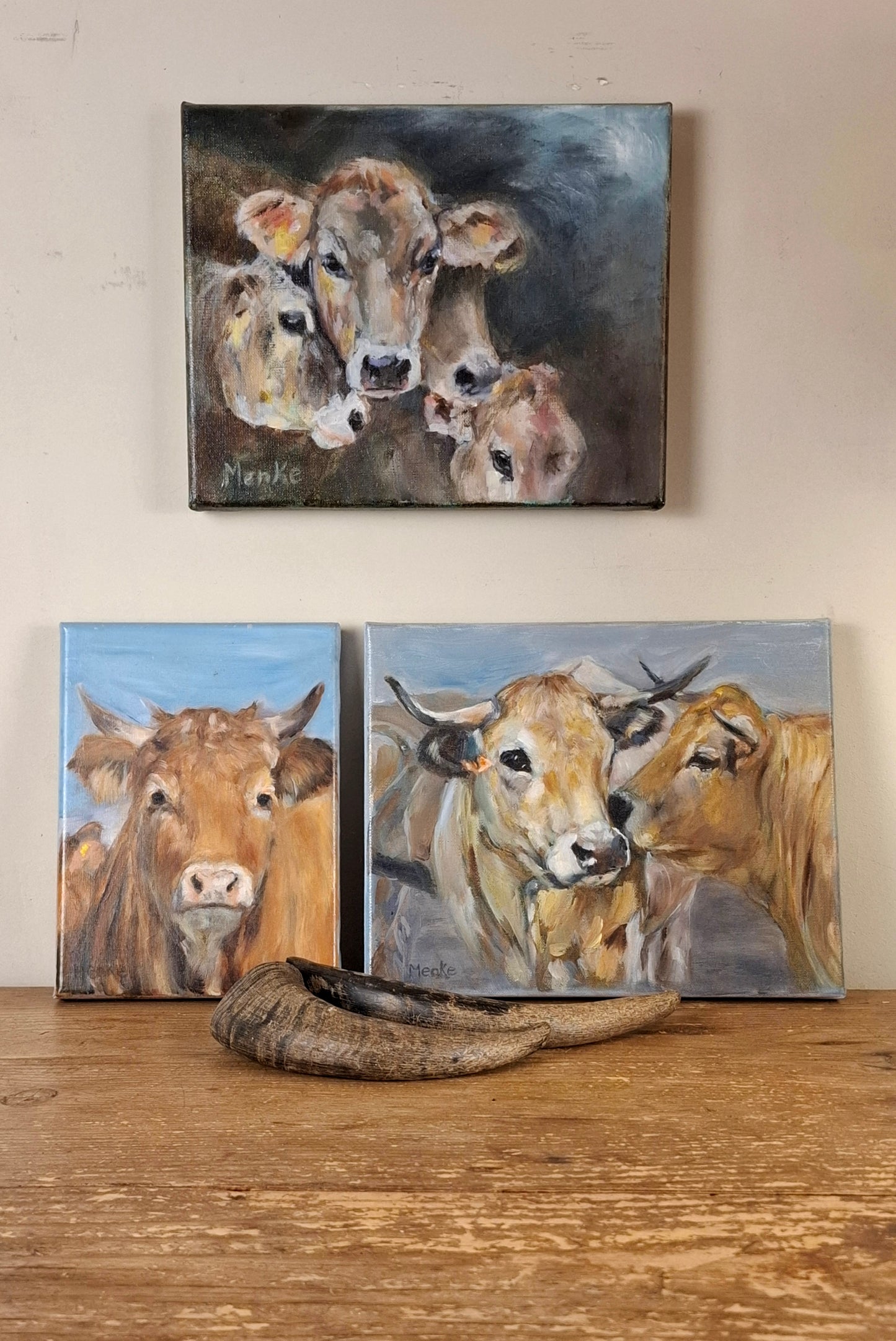 Koetjes in de nacht: origineel mixed media schilderij, 24x30x2 cm