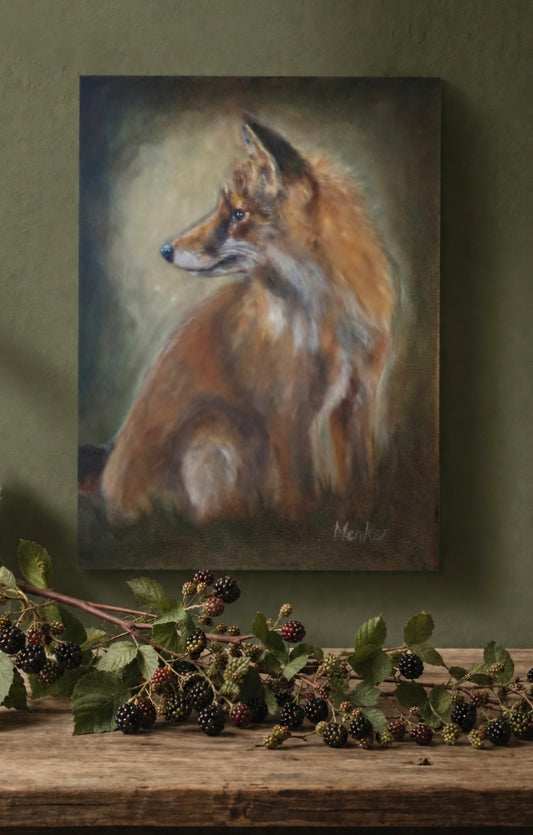 Vosje op de uitkijk: origineel olieverfschilderij, 30x40 cm