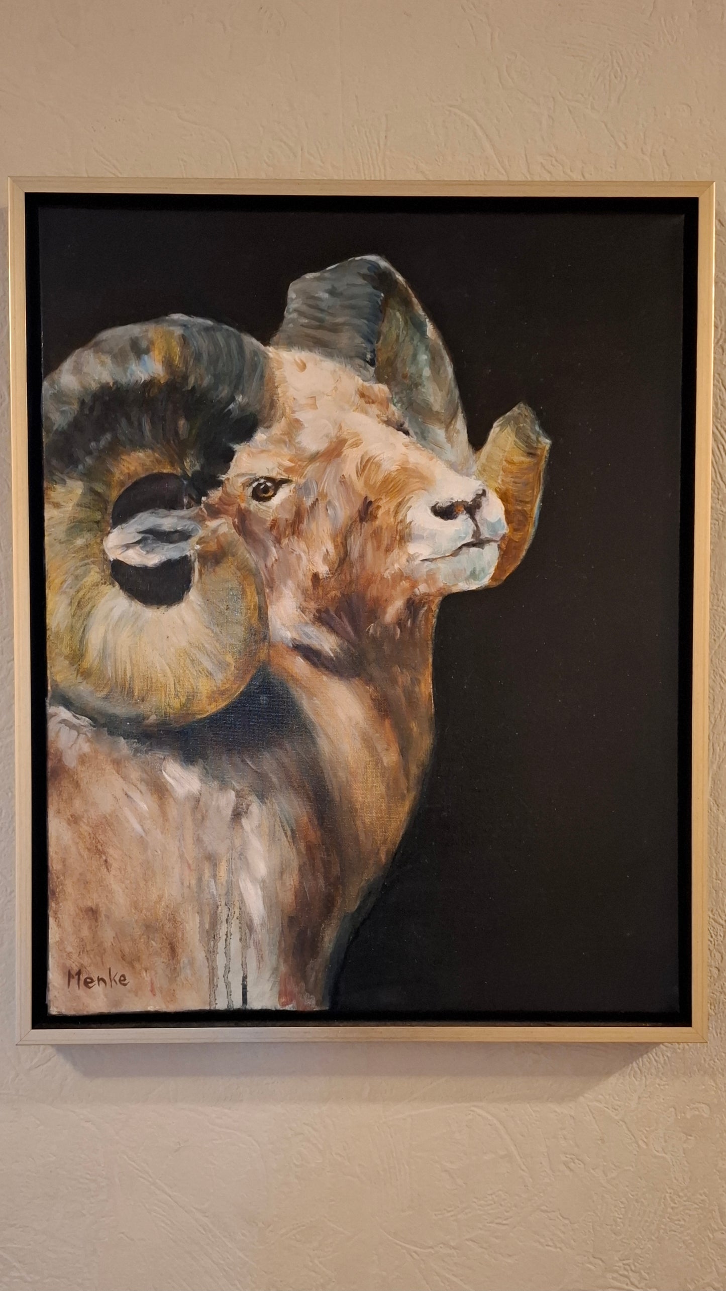 Dikhoornschaap: origineel olieverfschilderij inclusief lijst, 40x50 cm