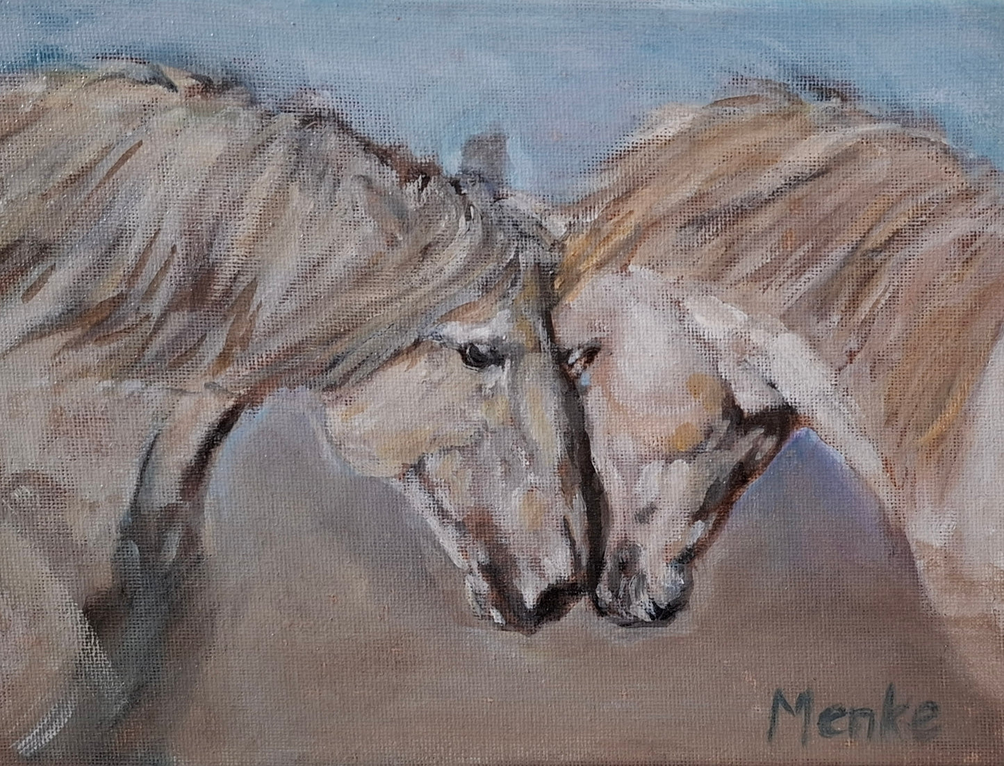 Twee Camargue merries op het strand: origineel olieverfschilderij, 18x24x1.5 cm